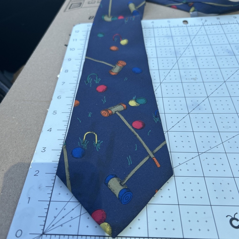 Perry Ellis Tie Features Croquet Mallet, Wickets And Balls. All Silk  Italian